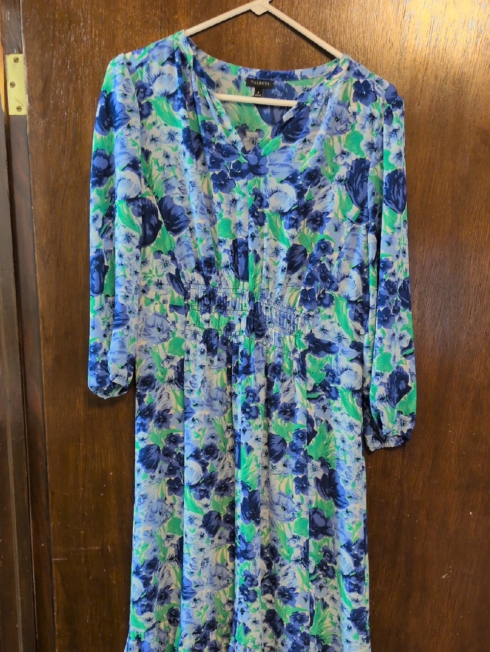 Talbots Blue and Green Floral Long Sleeve Midi Dress
